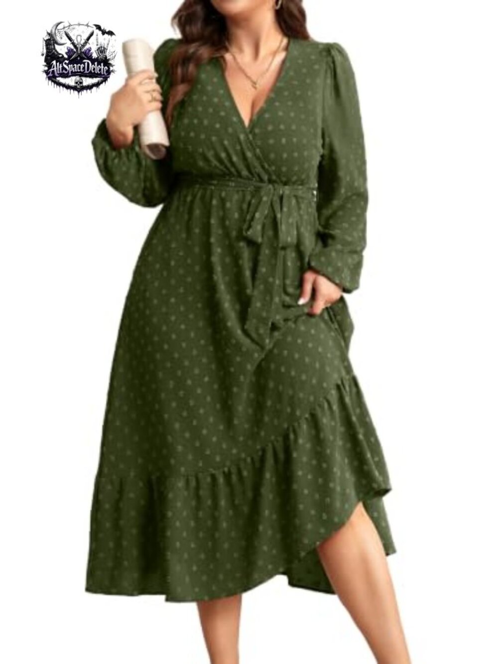 Plus Size Swiss Dot Midi Dress Lantern Sleeve Belted Wedding Guest